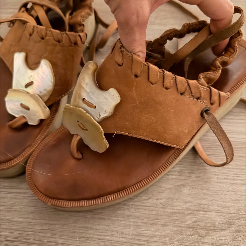 Elegant Brown Leather Sandals with Shell Accents